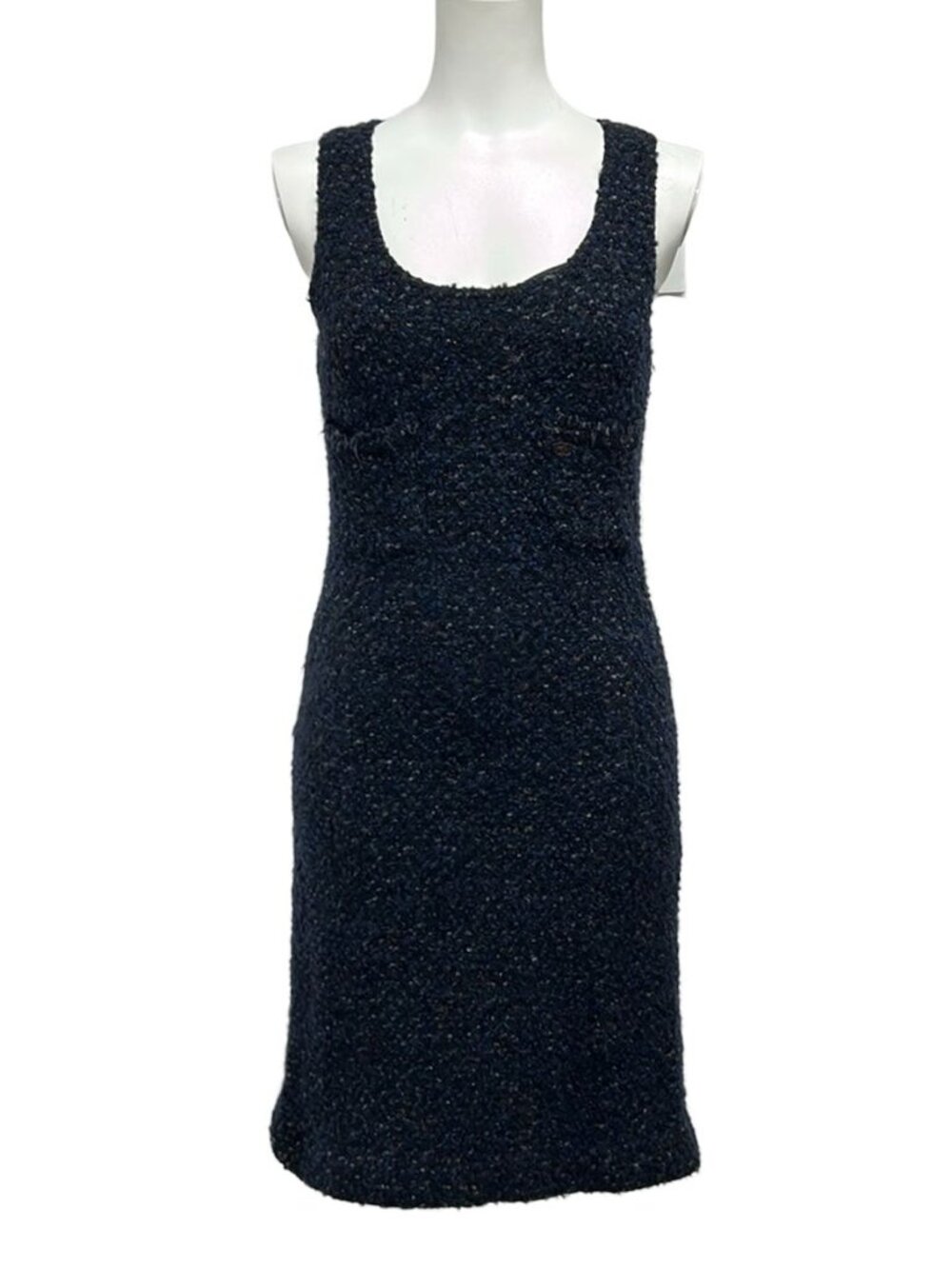 Chanel Dress 42 L Black Navy Multi Sleeveless Knee Length Knit Wool